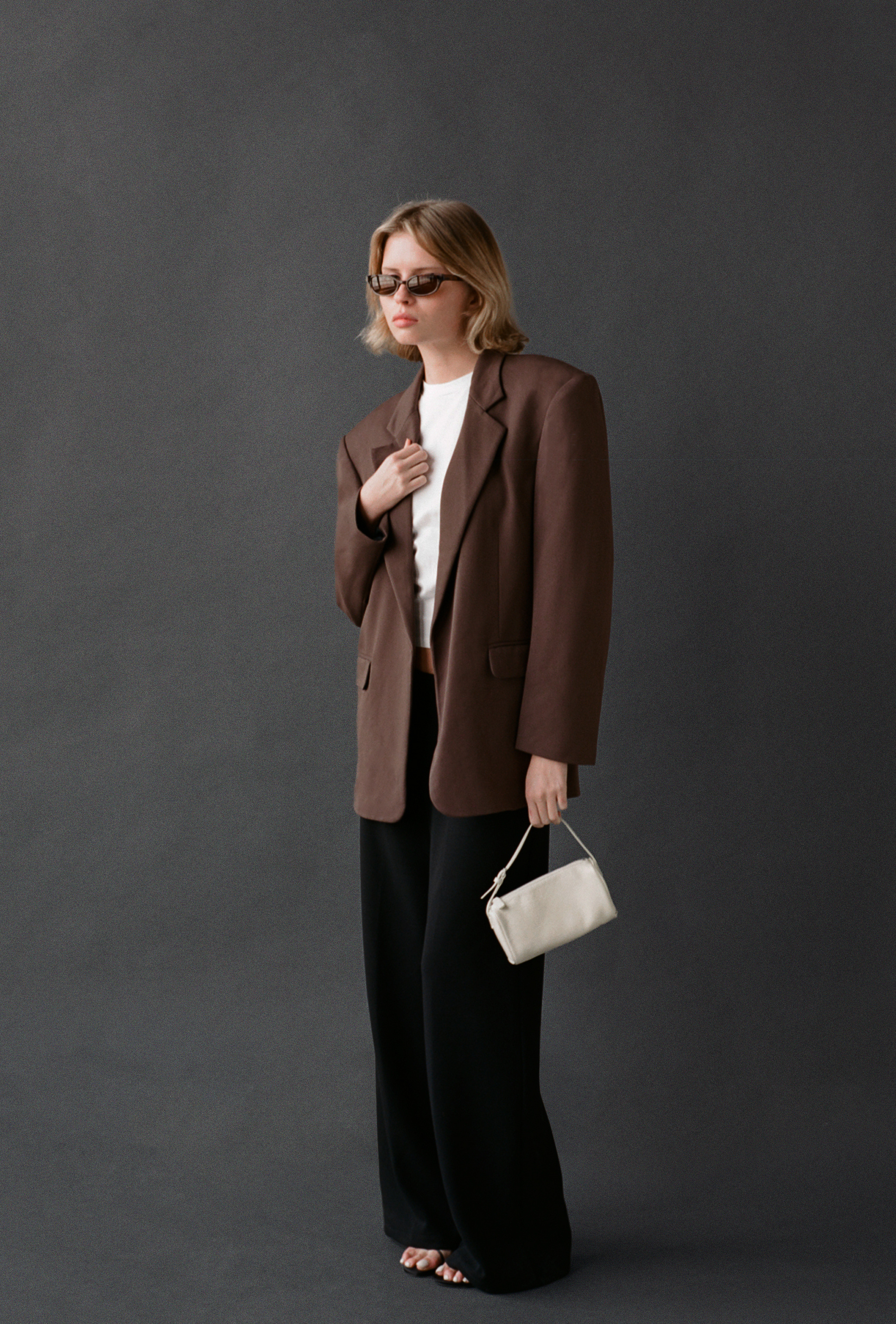 LAUD brown blazer styled with the white tee, black pants, and sunglasses