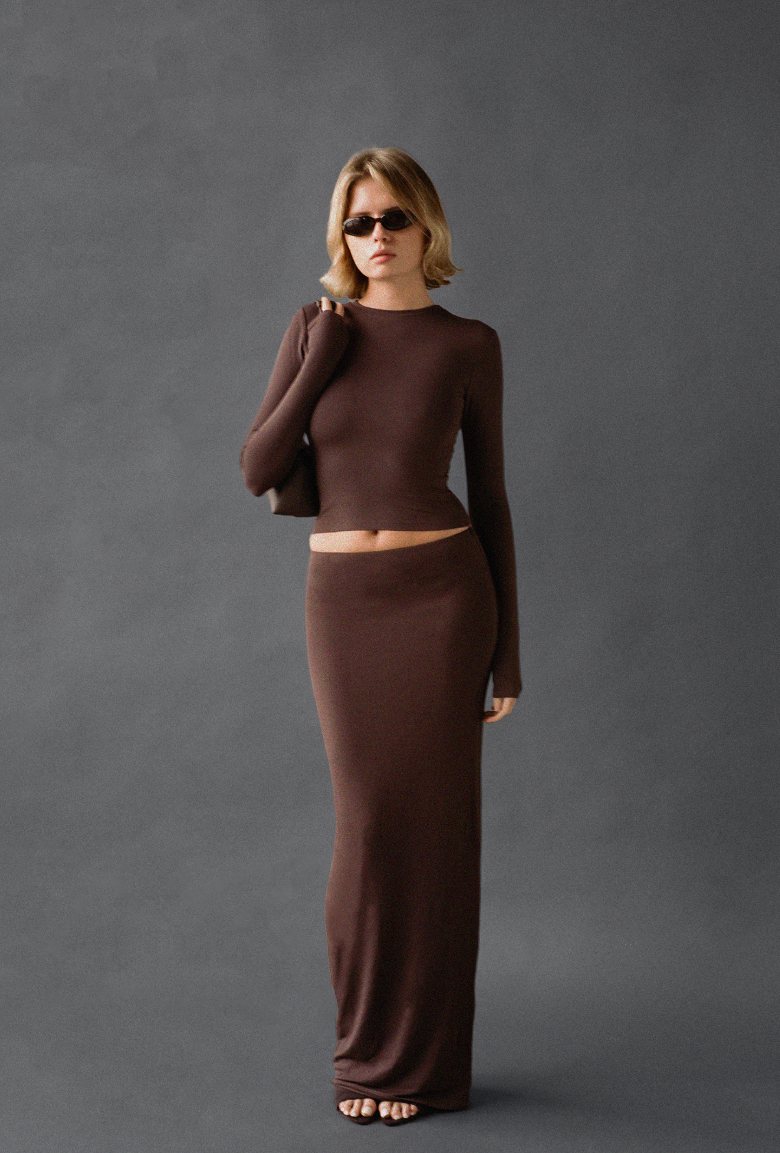 LAUD long sleeve tee in brown styled with brown maxi skirt and sunglasses