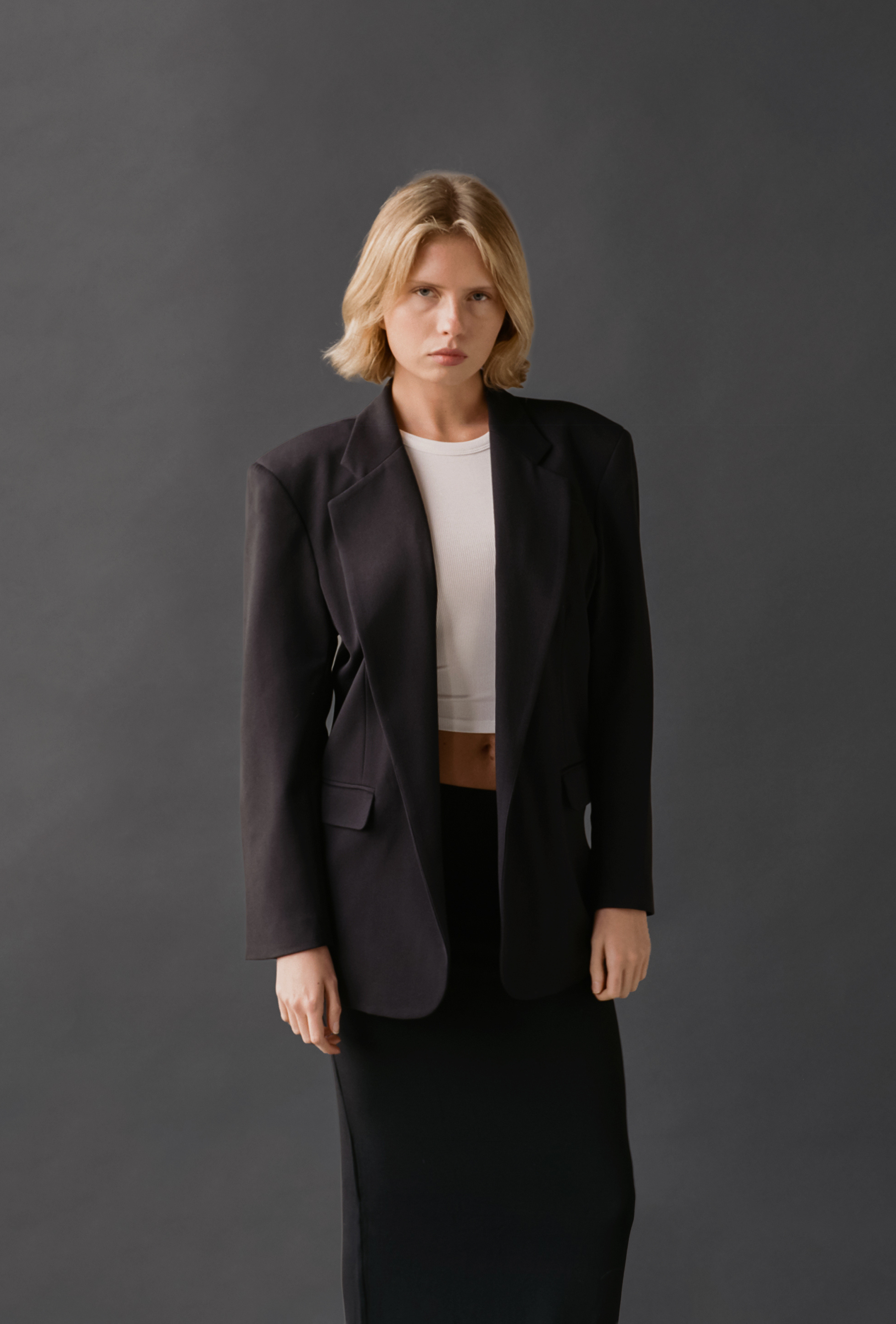 LAUD blazer in black styled with the white tank and maxi skirt